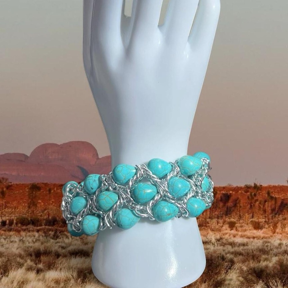 Chunky Turquoise Bead Chain Bracelet - Blue Stone Women's Jewelry
